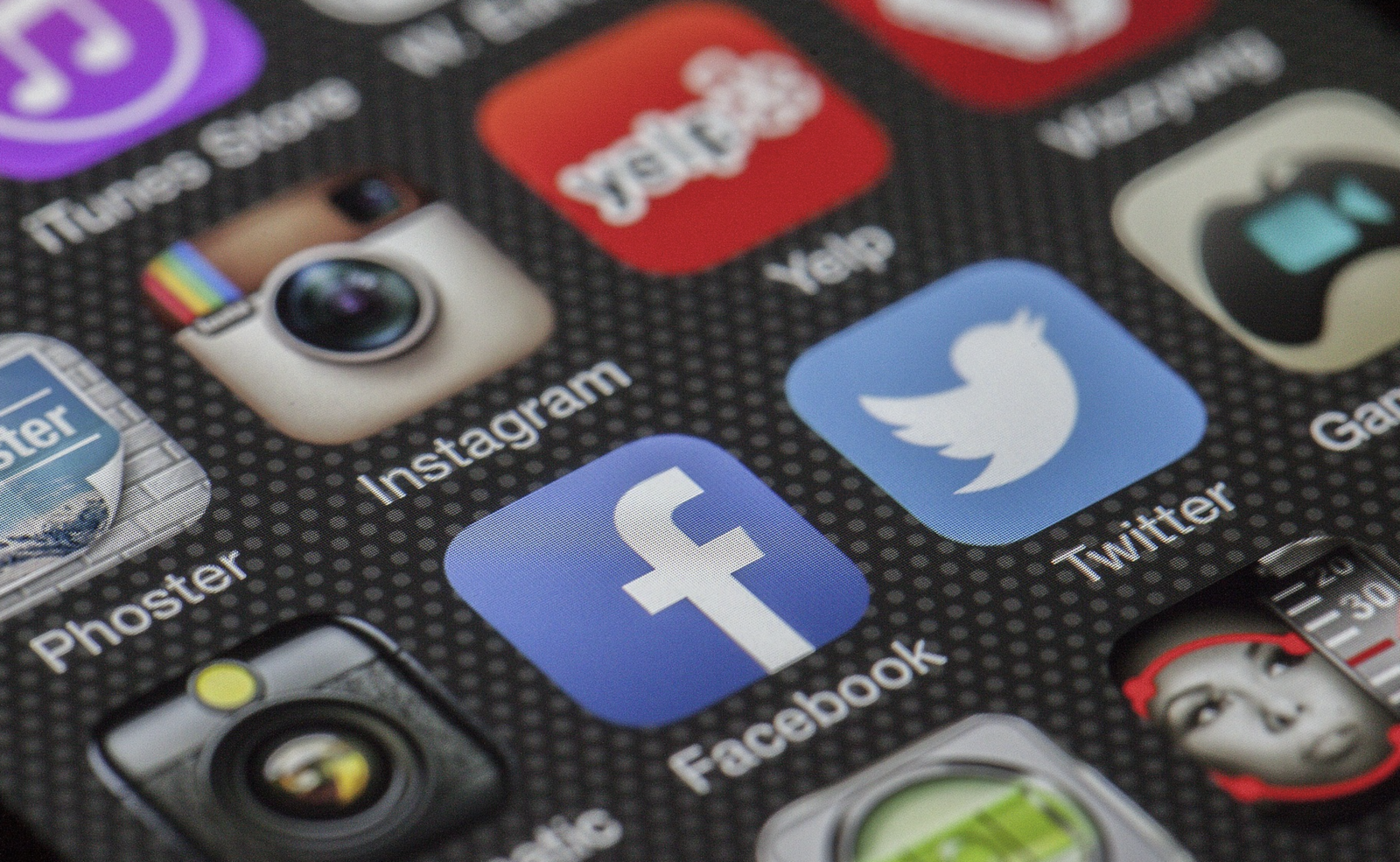 Icons for Facebook, Twitter, Instagram, Yelp, etc.